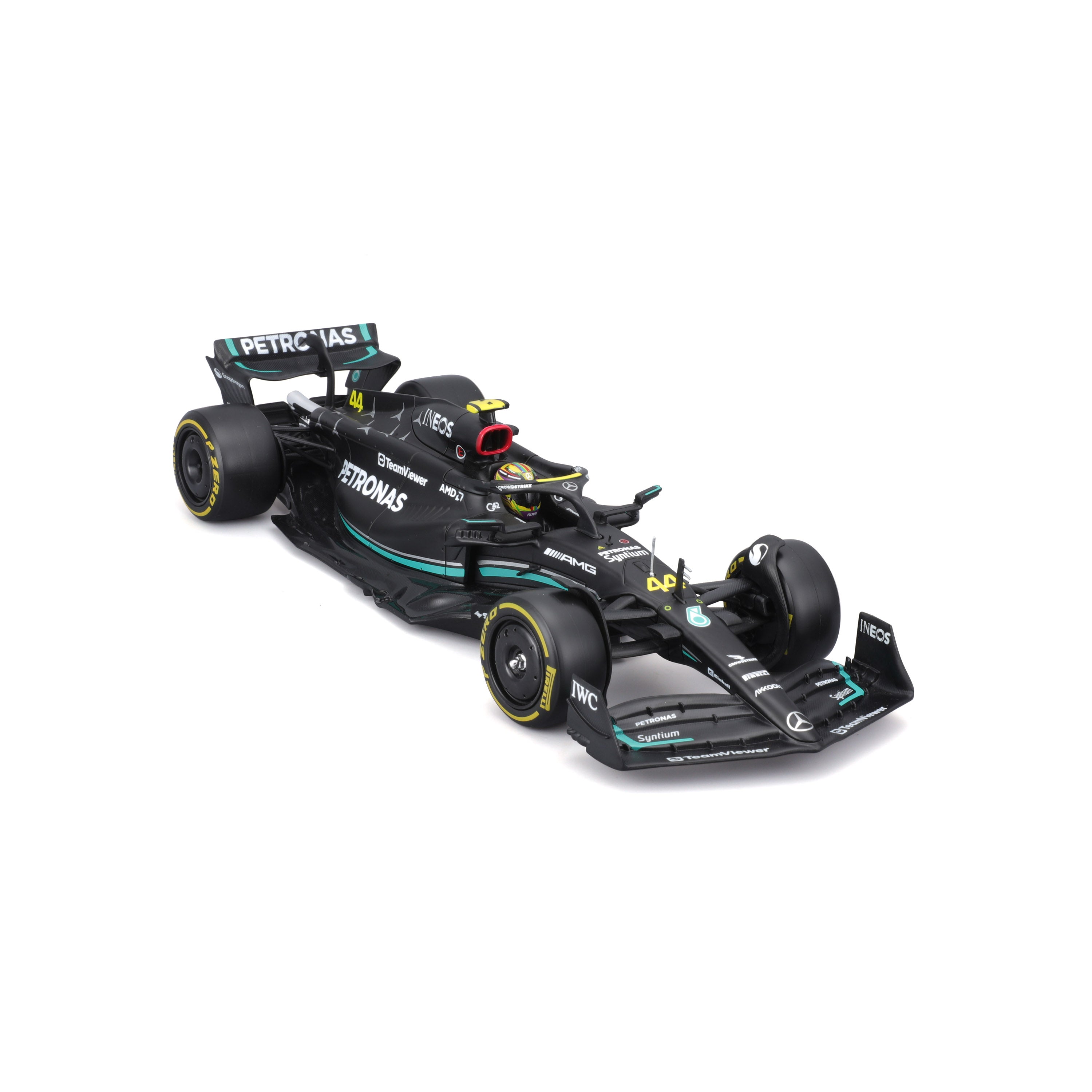 Macheta Bburago 1:24 Kit Model Formula-Cu Casca & Suport Din Plastic Mercedes Amg Petronas W14 E Performance #44 Lewis Hamilton Bb28506