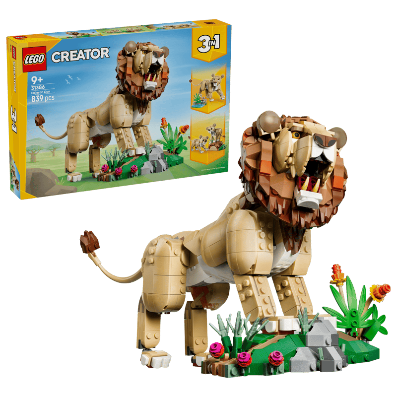 Set de constructie LEGO® Creator 3 in 1 Animale salbatice: Leu maiestuos 31386, Jucarii pentru Copii, Jucarii pentru Baieti si Fete, Idee de Cadou pentru Copii, 839 piese