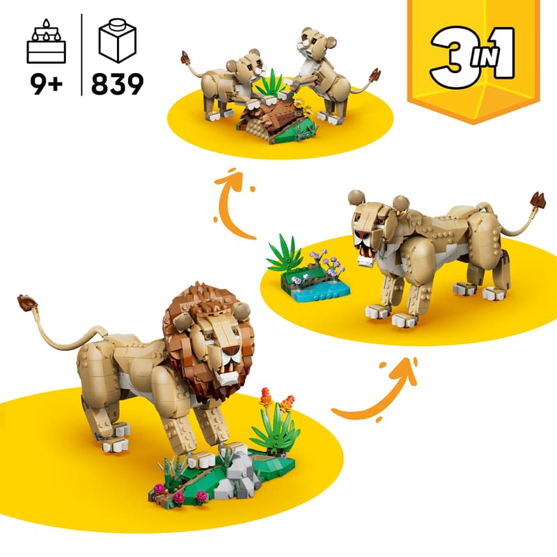 Set de constructie LEGO® Creator 3 in 1 Animale salbatice: Leu maiestuos 31386, Jucarii pentru Copii, Jucarii pentru Baieti si Fete, Idee de Cadou pentru Copii, 839 piese