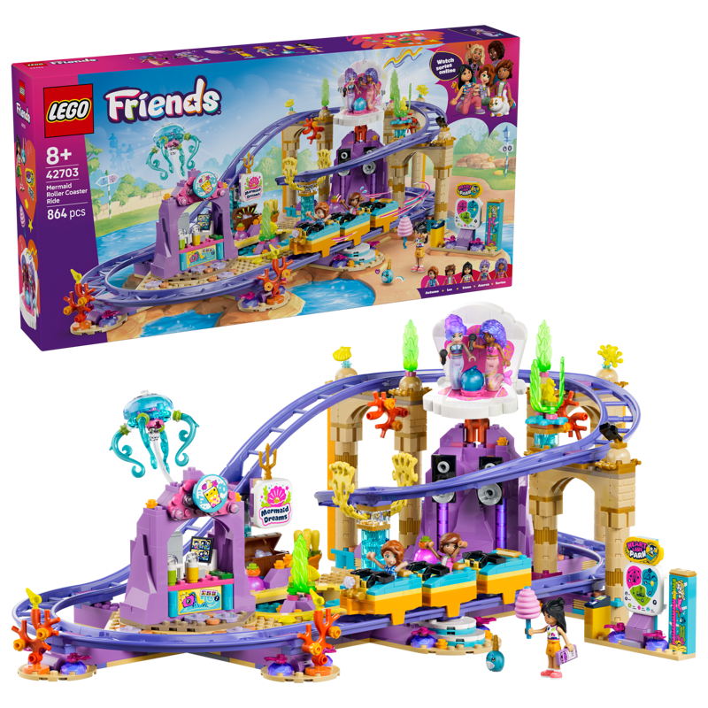Set de constructie LEGO® Friends Roller-coaster cu sirene 42703, Jucarii pentru Copii, Jucarii pentru Fete si Baieti, Idee de Cadou pentru Copii, 864 piese