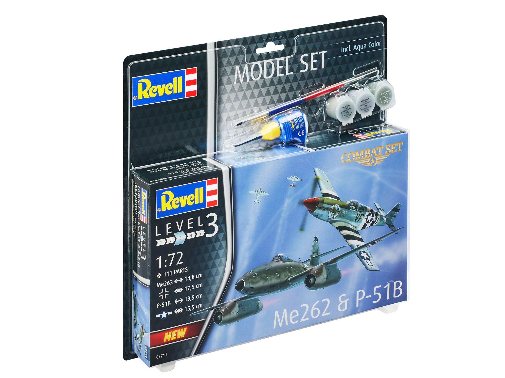 Set Macheta Aeromodele Revell Messerschmitt Me262 si P-51B Mustang cu vopseluri, adeziv si pensula 1:72 Revell 63711
