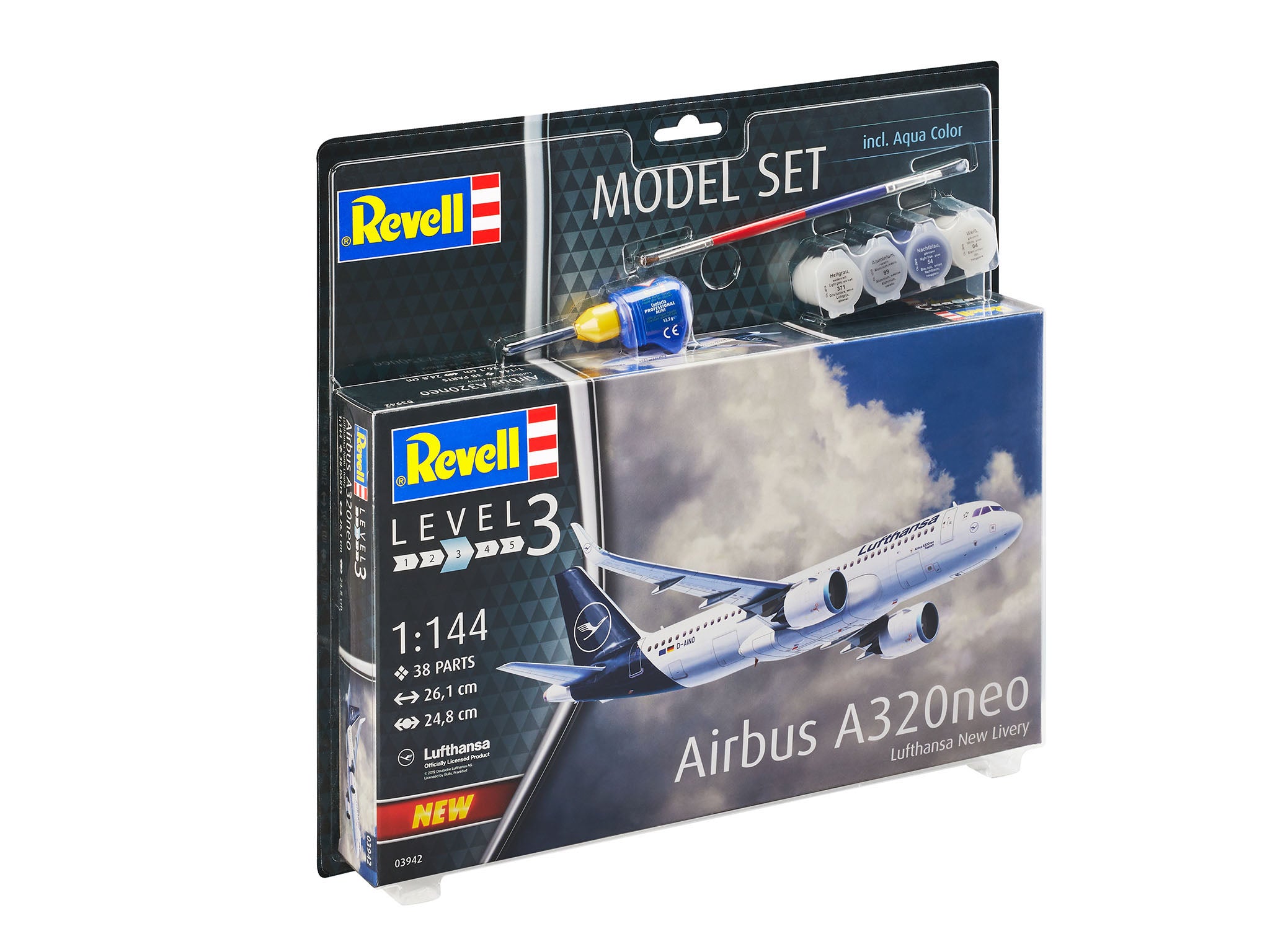 Aeromodel de construit Revell Airbus A320neo Lufthansa New Livery cu vopseluri pensula si adeziv 1:144 REV 63942