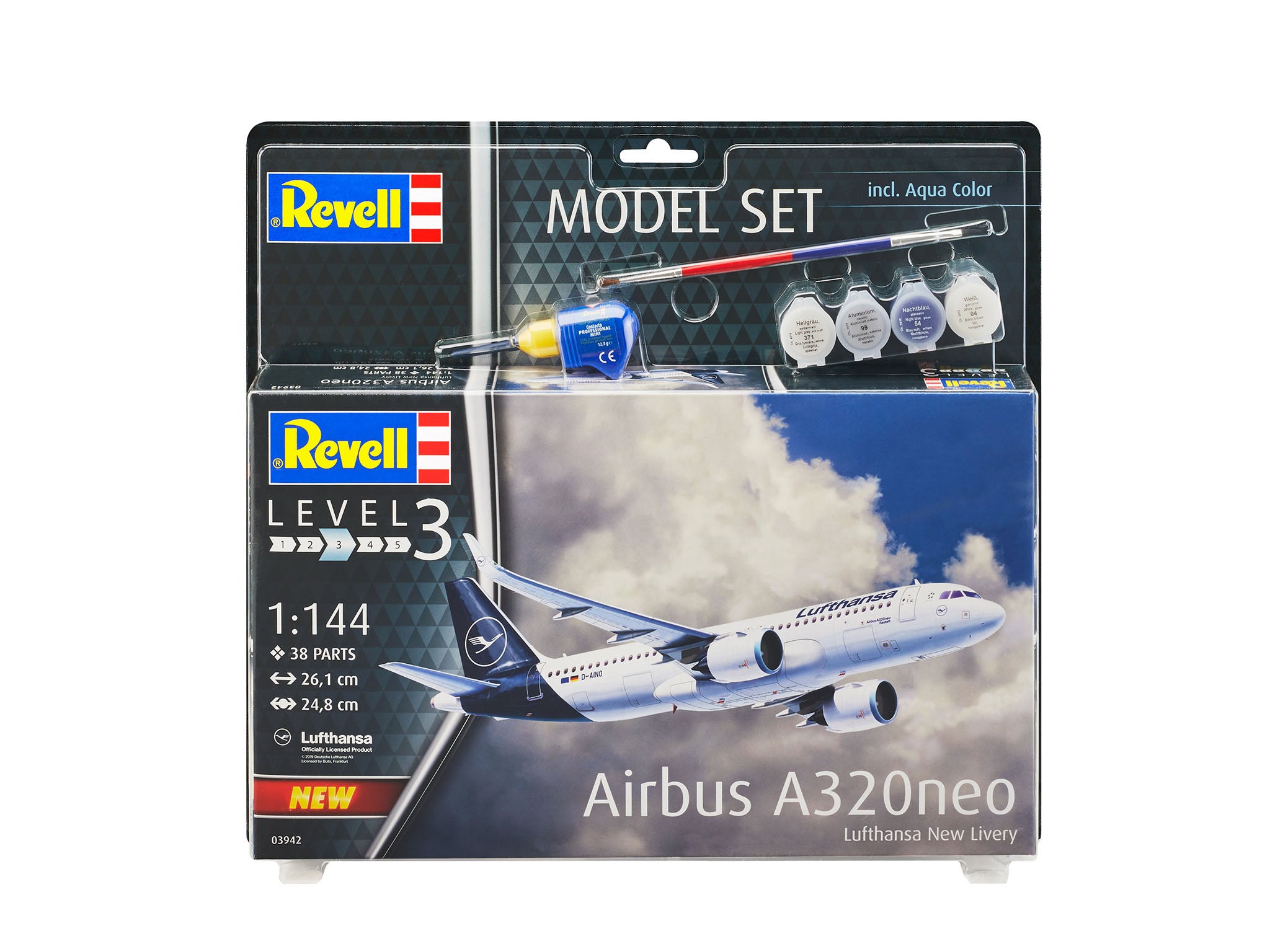 Aeromodel de construit Revell Airbus A320neo Lufthansa New Livery cu vopseluri pensula si adeziv 1:144 REV 63942