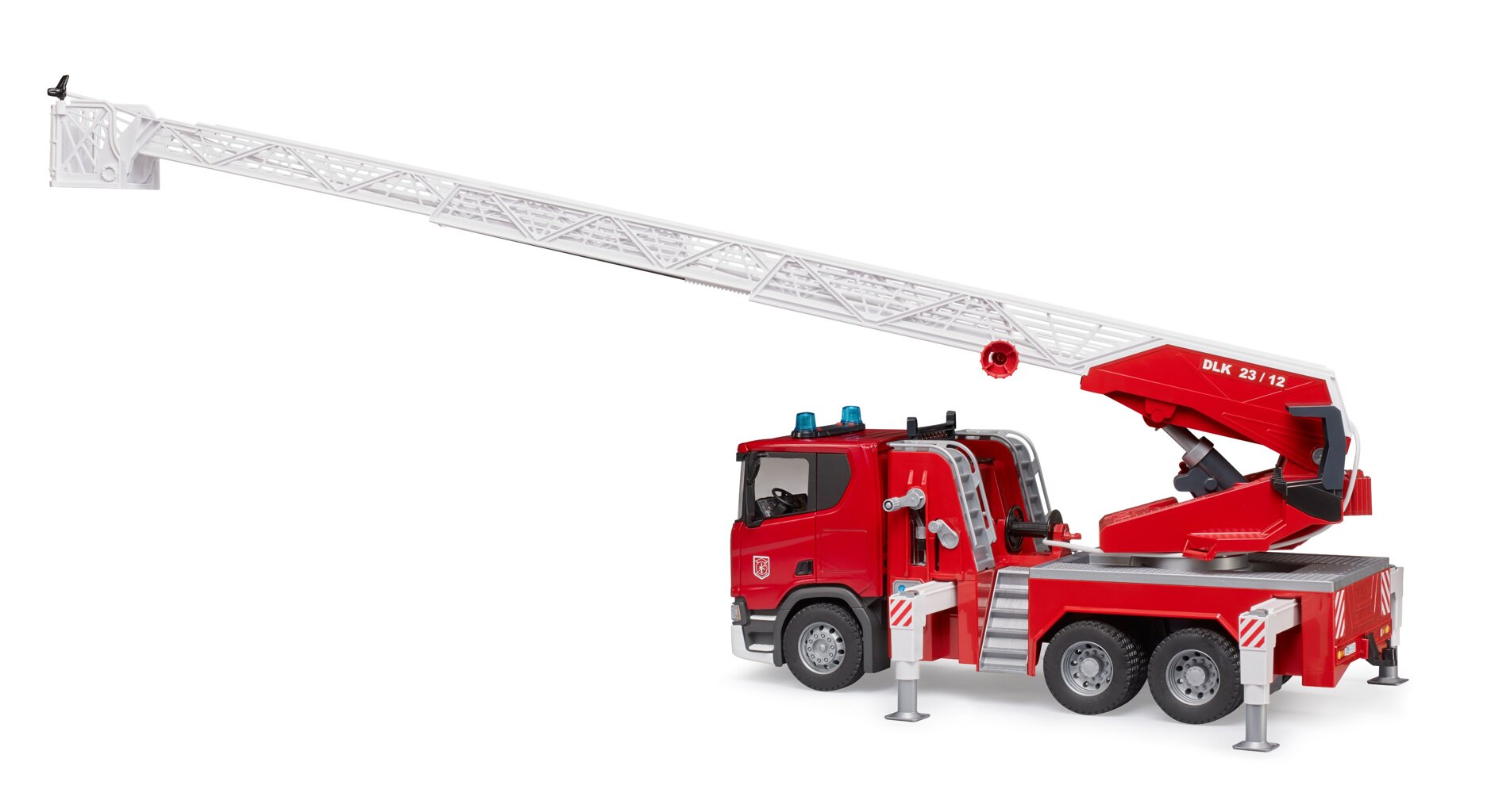 Camion de pompieri Bruder - Scania Super 560R, cu scara, pompa de apa si sirena, 1:16 03591