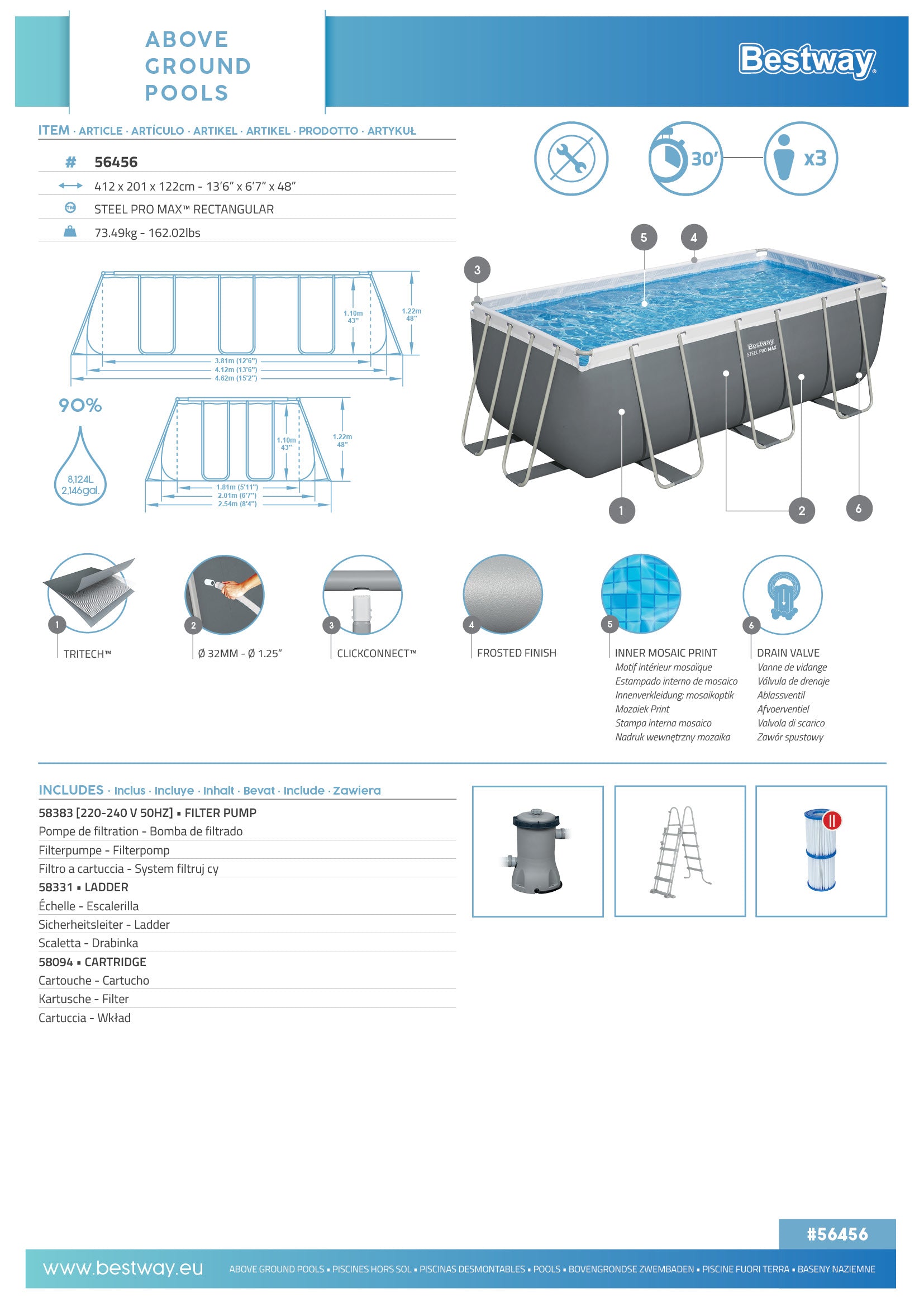 Piscina cu cadru metalic Steel Pro MAX™ 412 x 201 x 122cm, BW56456