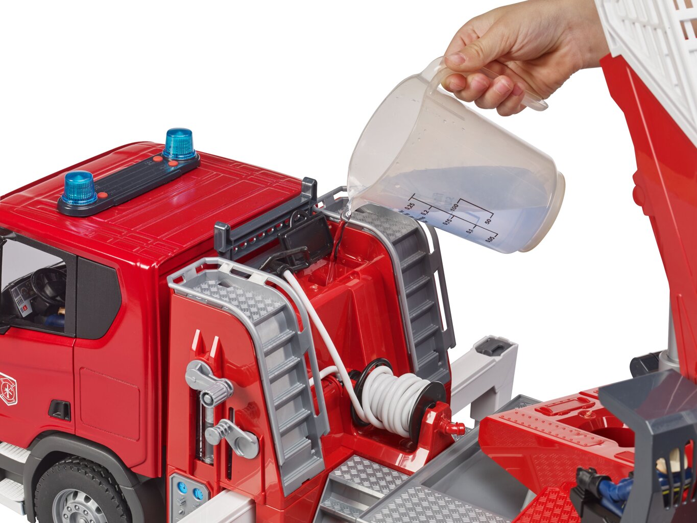 Camion de pompieri Bruder - Scania Super 560R, cu scara, pompa de apa si sirena, 1:16 03591