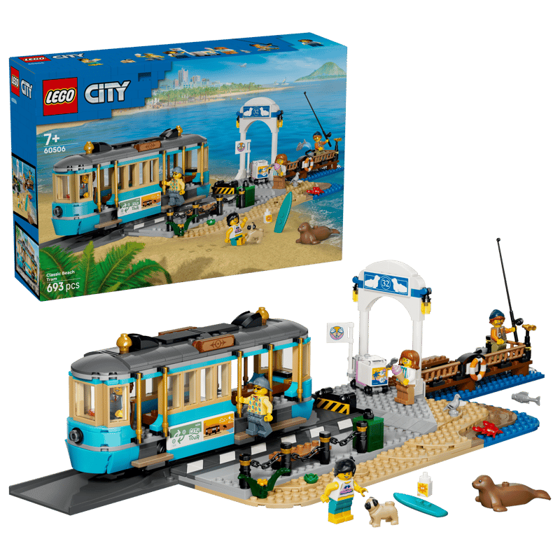 Set de constructie LEGO® City Tramvai de plaja clasic 60506, Jucarii pentru Copii de 7+ ani, Jucarii pentru Baieti si Fete, Idee de Cadou pentru Copiii Pasionati de Trenuri de Jucarie