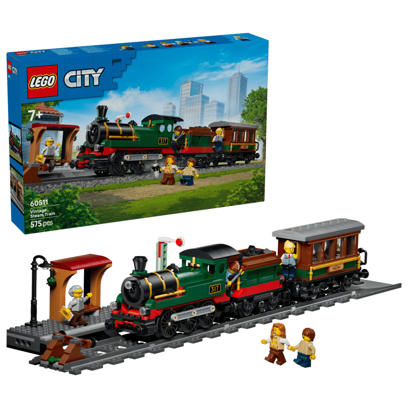 Set de constructie LEGO® City Tren cu aburi vintage 60511, Jucarii pentru Copii de 7+ ani, Jucarii pentru Baieti si Fete, Tren de Jucarie, Idee de Cadou pentru Copii