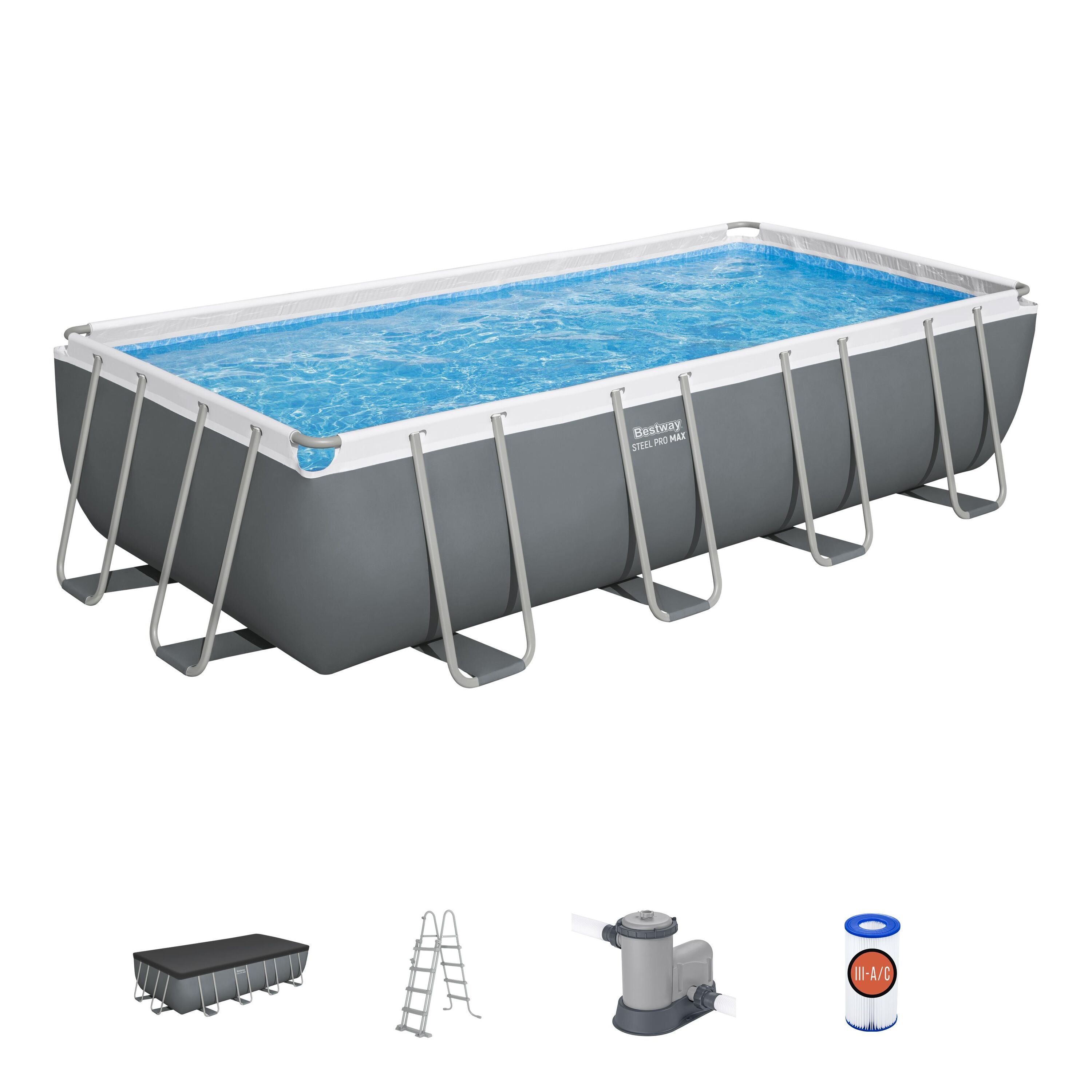 Piscina cu cadru Bestway® Steel Pro MAX™ cu pompa de filtru 549 x 274 x 122 cm, gri, patrat, BW56465