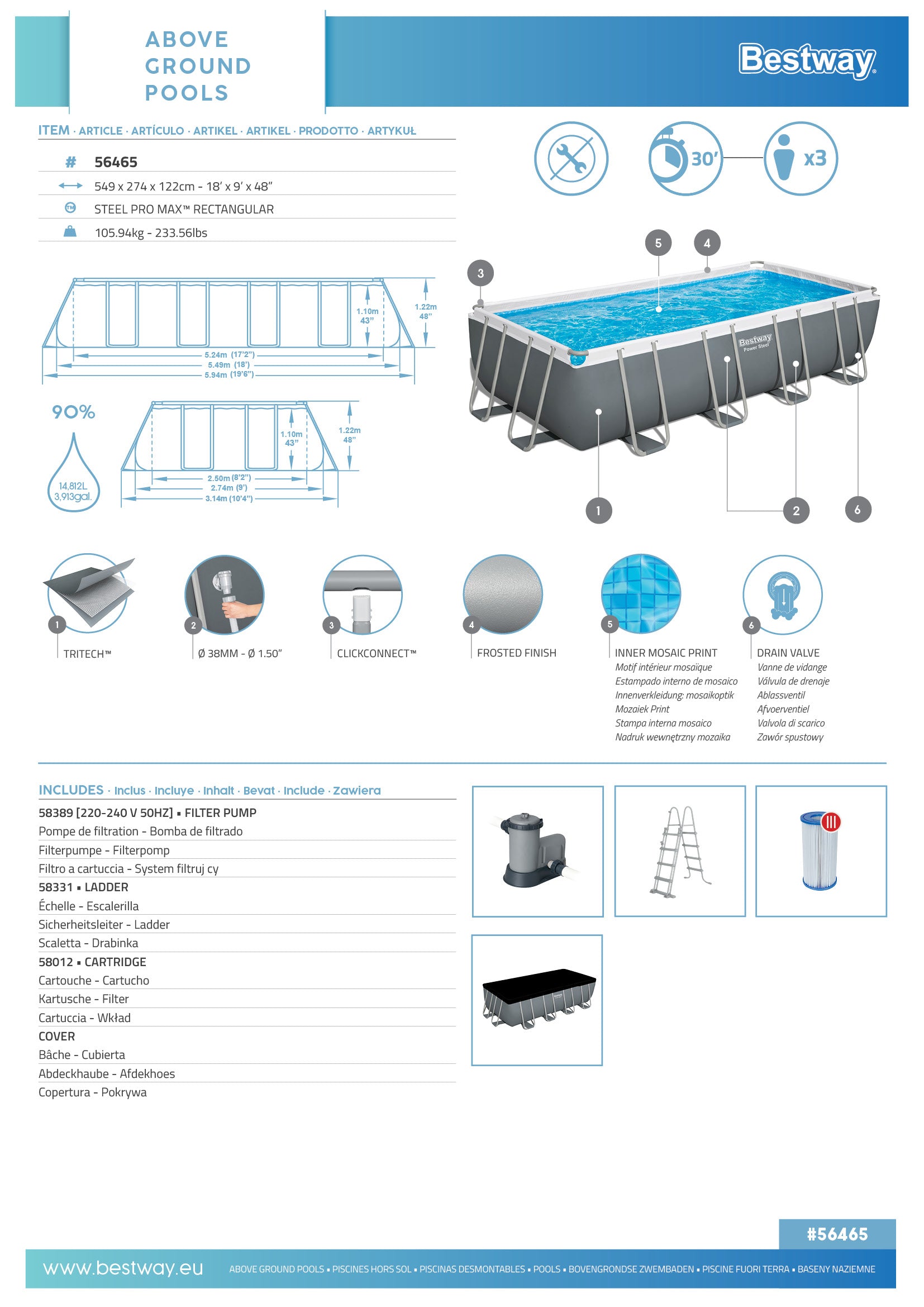 Piscina cu cadru Bestway® Steel Pro MAX™ cu pompa de filtru 549 x 274 x 122 cm, gri, patrat, BW56465