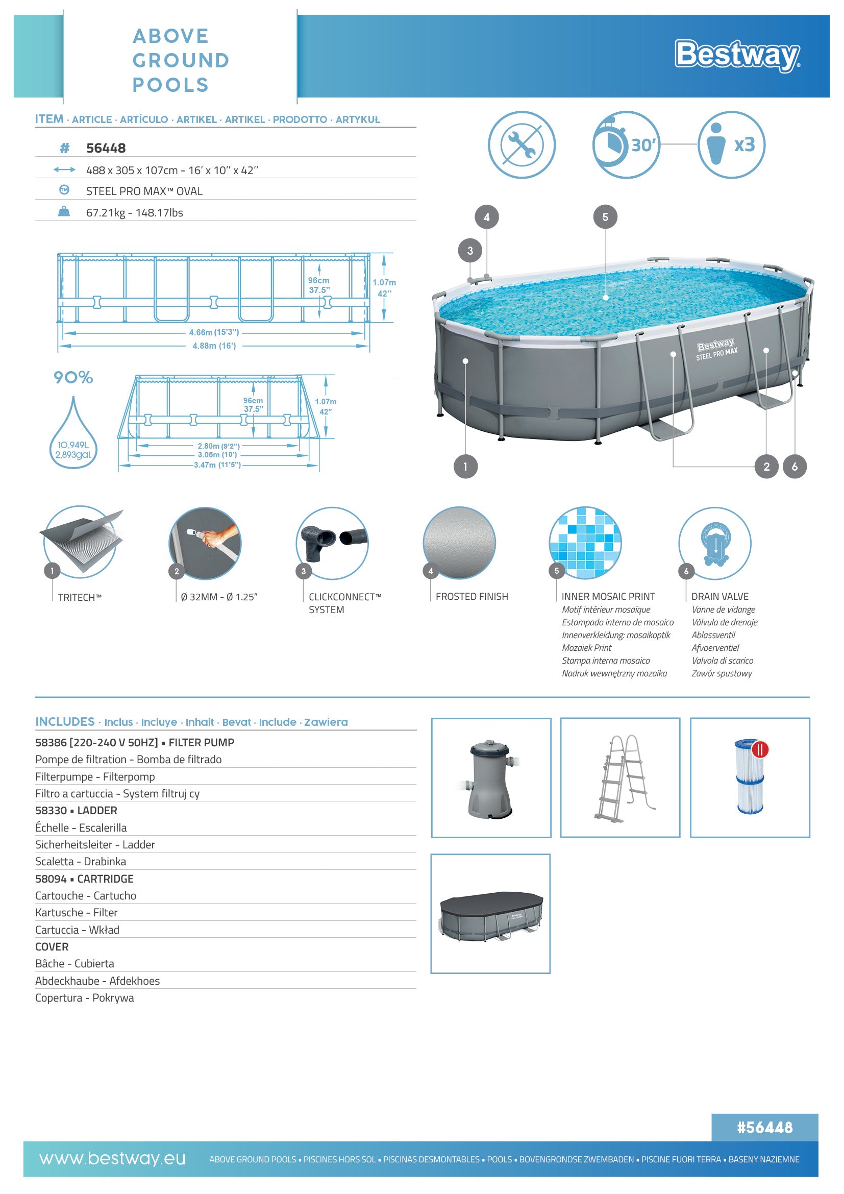 Piscina ovala Bestway Steel Pro Max, 488cm x 305cm x 107cm, BW 56448